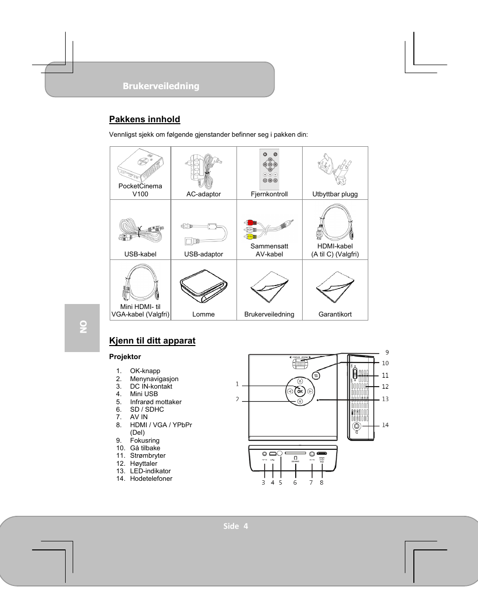 Brukerveiledning, Side 4 no pakkens innhold, Kjenn til ditt apparat | AIPTEK PocketCinema V100 User Manual | Page 76 / 116
