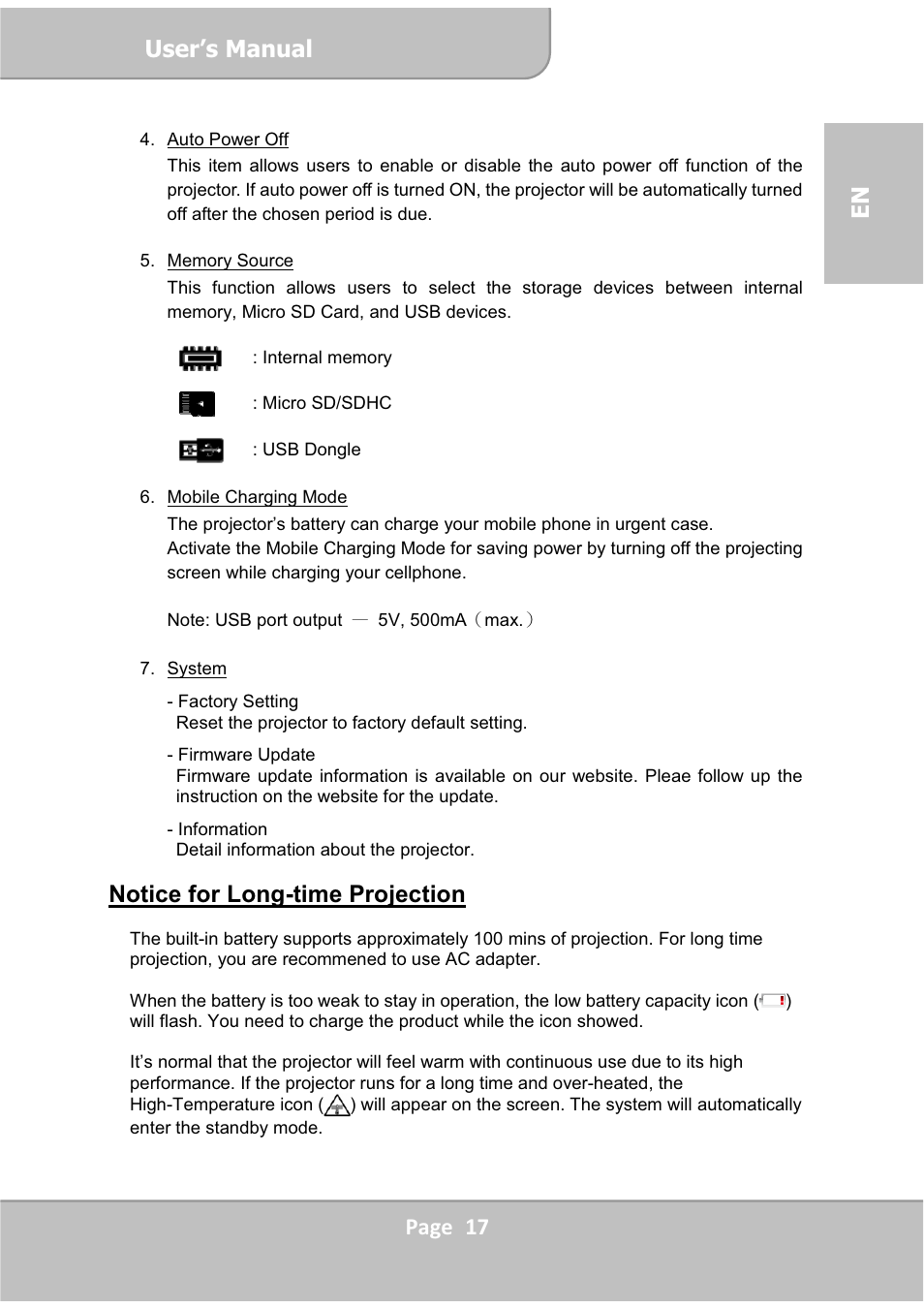 User’s manual, Page 17 en, Notice for long-time projection | AIPTEK PocketCinema V60 User Manual | Page 17 / 76