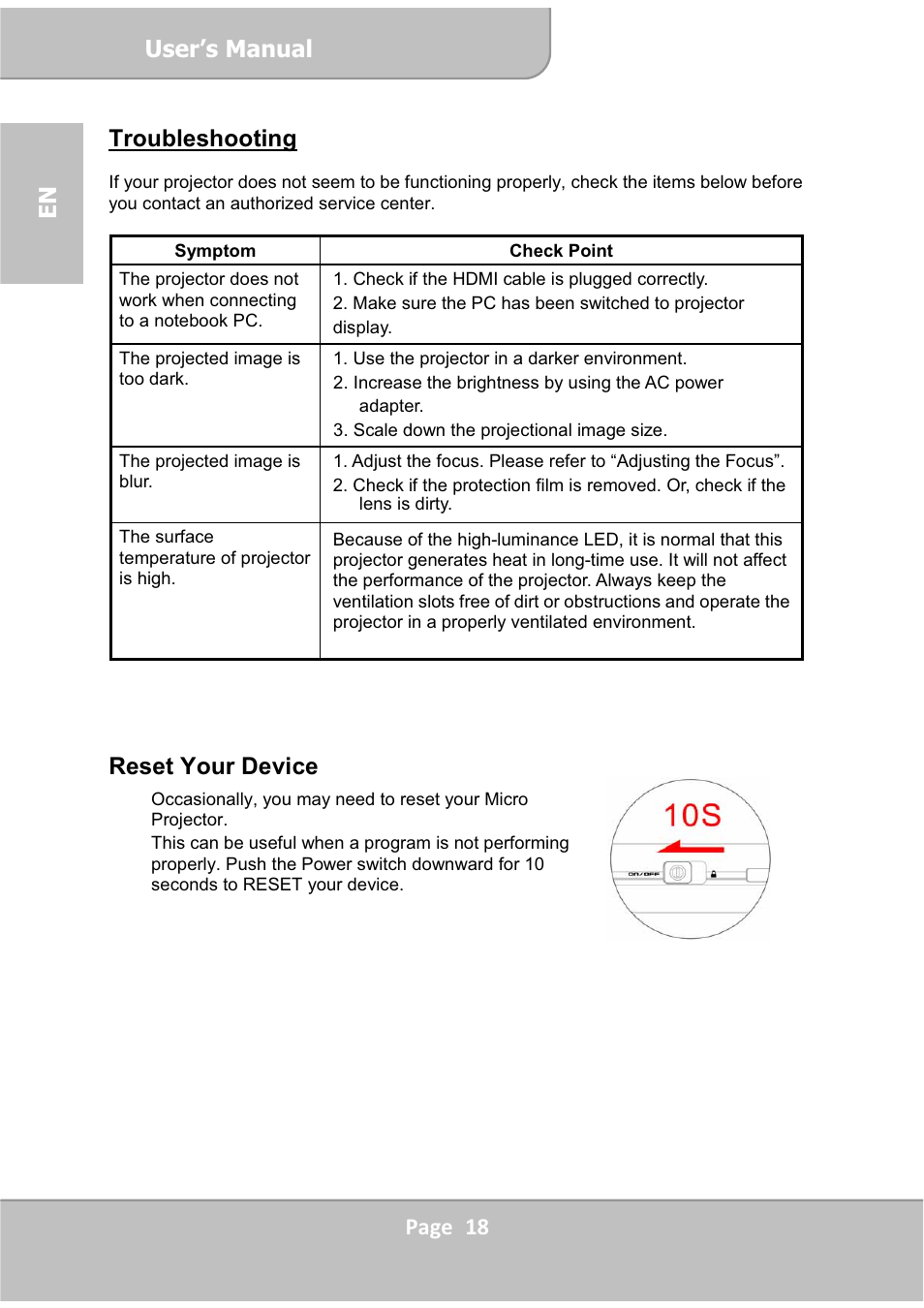 User’s manual, Page 18 en troubleshooting, Reset your device | AIPTEK PocketCinema V60 User Manual | Page 18 / 76