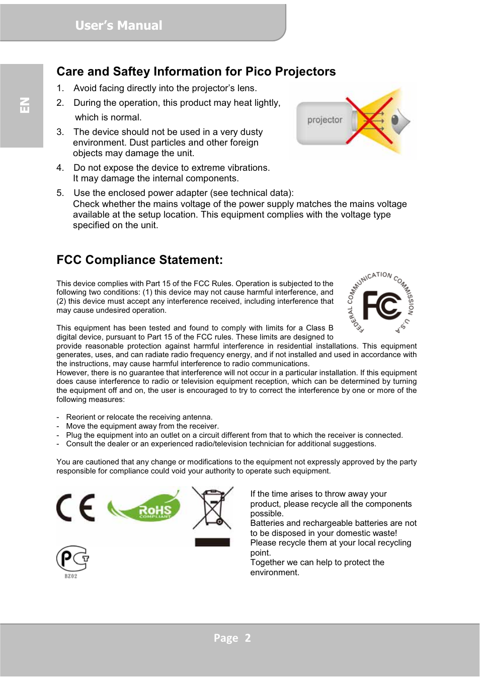 User’s manual, Fcc compliance statement | AIPTEK PocketCinema V60 User Manual | Page 2 / 76