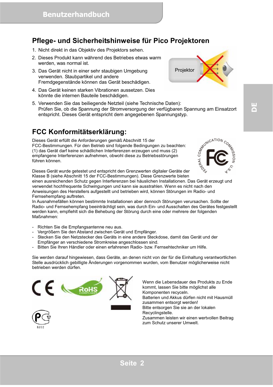 Benutzerhandbuch, Seite 2 de, Fcc konformitätserklärung | AIPTEK PocketCinema V60 User Manual | Page 21 / 76