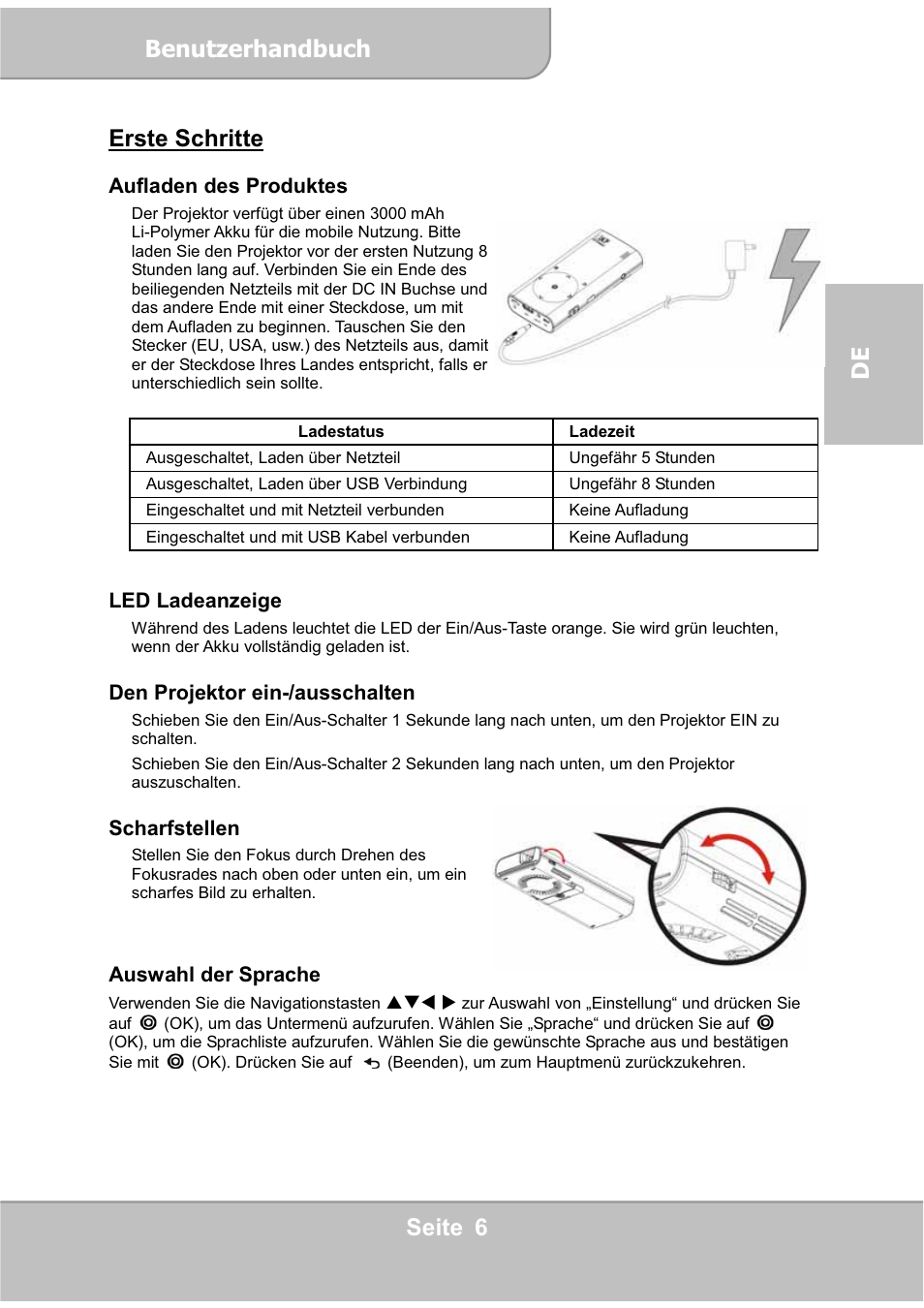 Benutzerhandbuch, Seite 6 de erste schritte | AIPTEK PocketCinema V60 User Manual | Page 25 / 76