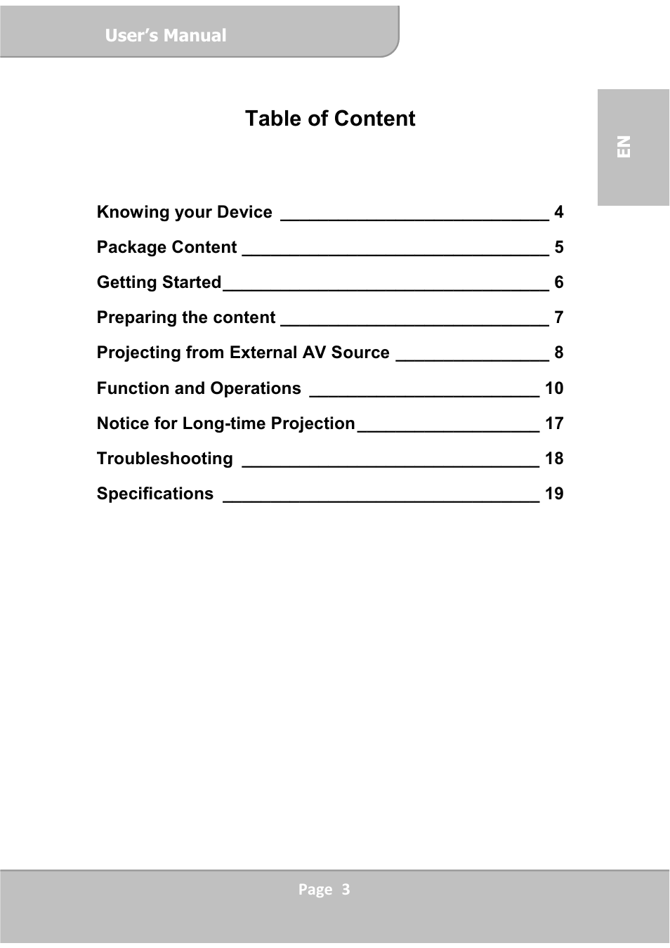 Table of content | AIPTEK PocketCinema V60 User Manual | Page 3 / 76