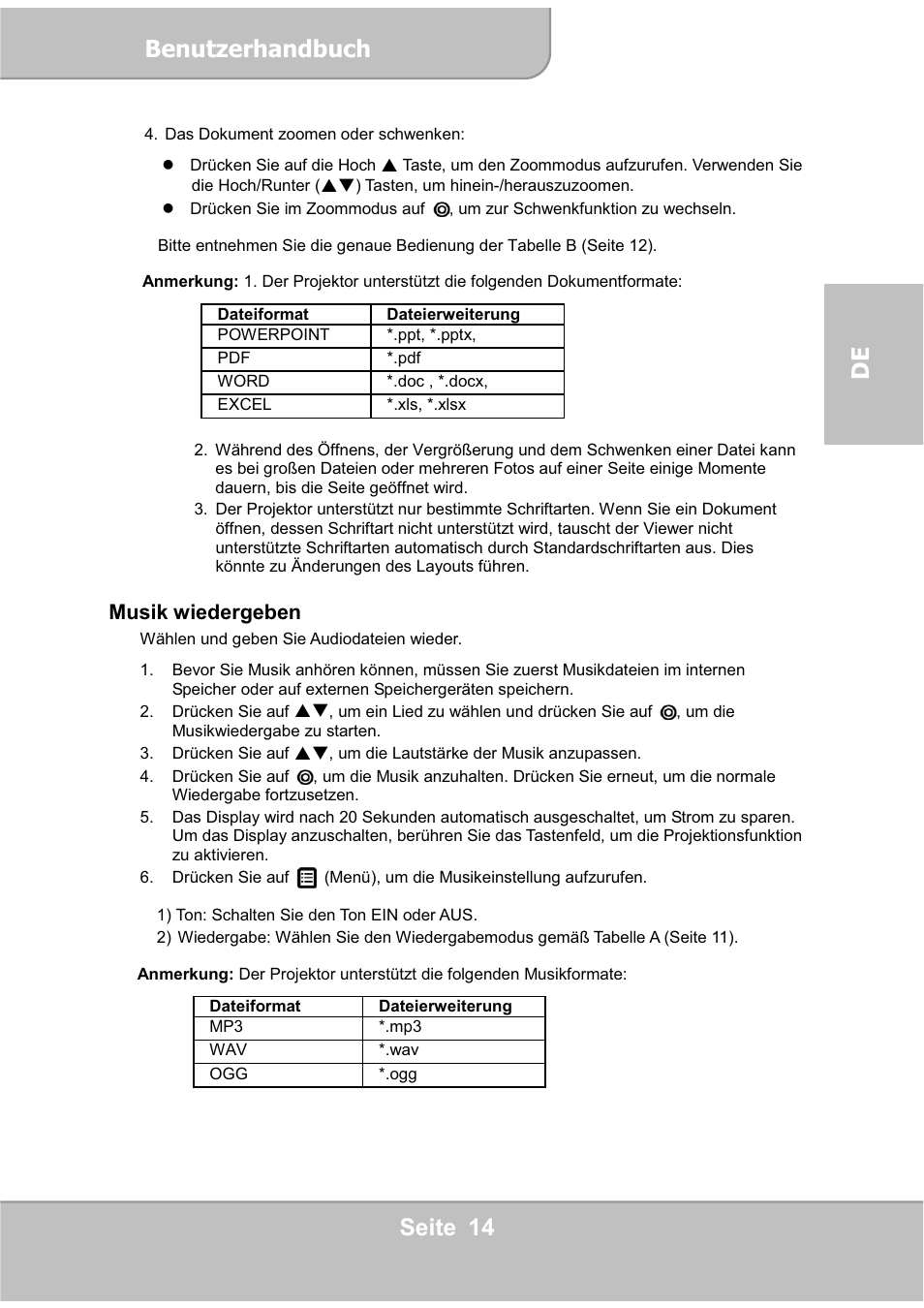 Benutzerhandbuch, Seite 14 de, Musik wiedergeben | AIPTEK PocketCinema V60 User Manual | Page 33 / 76