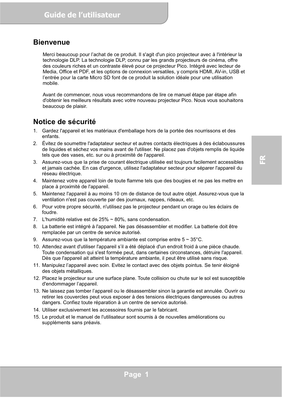 Guide de l’utilisateur, Page 1 fr bienvenue, Notice de sécurité | AIPTEK PocketCinema V60 User Manual | Page 39 / 76