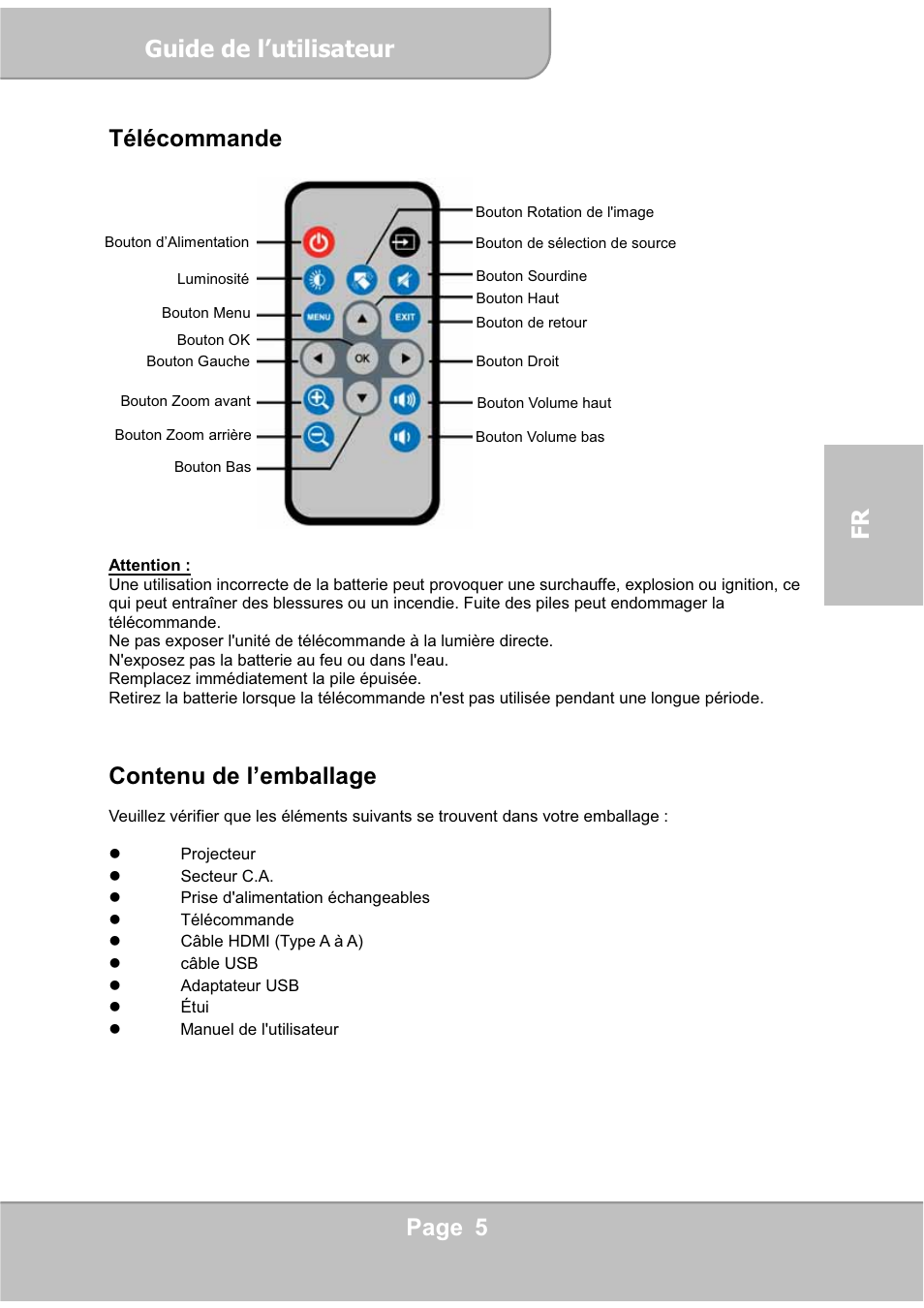 Guide de l’utilisateur, Page 5 fr télécommande, Contenu de l’emballage | AIPTEK PocketCinema V60 User Manual | Page 43 / 76