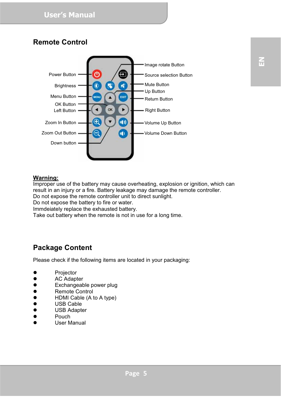 User’s manual, Page 5 en remote control, Package content | AIPTEK PocketCinema V60 User Manual | Page 5 / 76
