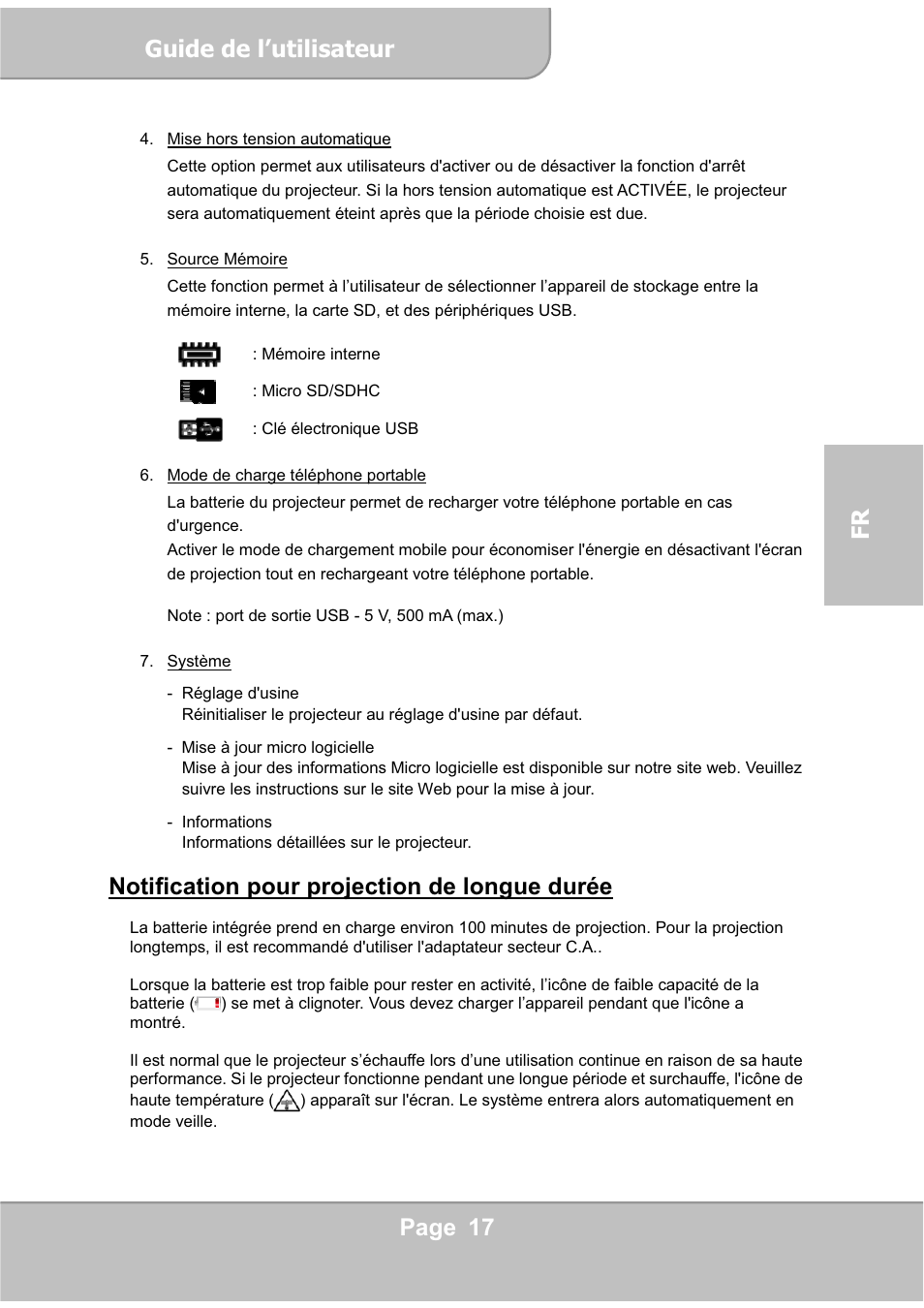 Guide de l’utilisateur, Page 17 fr, Notification pour projection de longue durée | AIPTEK PocketCinema V60 User Manual | Page 55 / 76