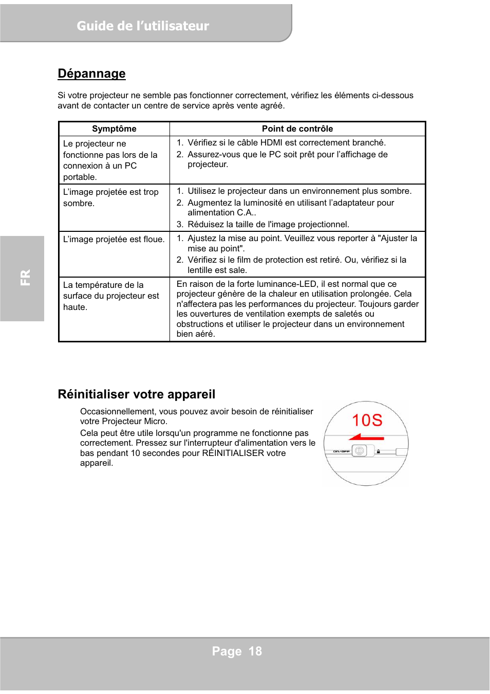 Guide de l’utilisateur, Page 18 fr dépannage, Réinitialiser votre appareil | AIPTEK PocketCinema V60 User Manual | Page 56 / 76