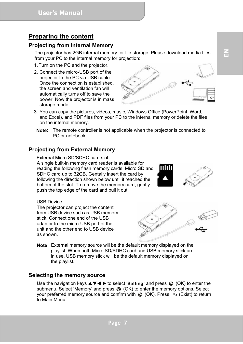 User’s manual, Page 7 en preparing the content | AIPTEK PocketCinema V60 User Manual | Page 7 / 76