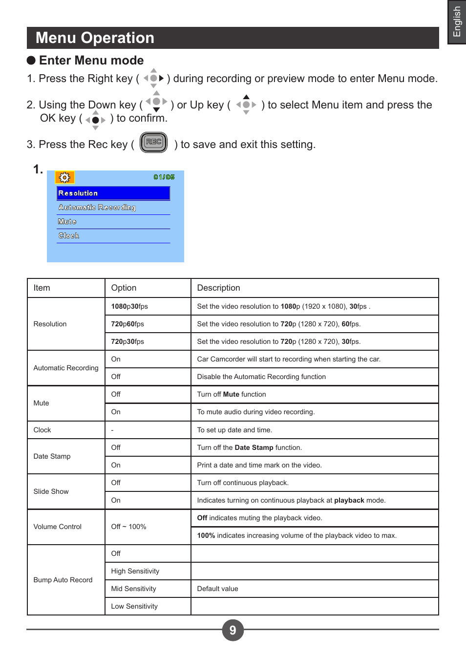 Menu operation, Enter menu mode | AIPTEK Car Camcorder X3 User Manual | Page 13 / 47
