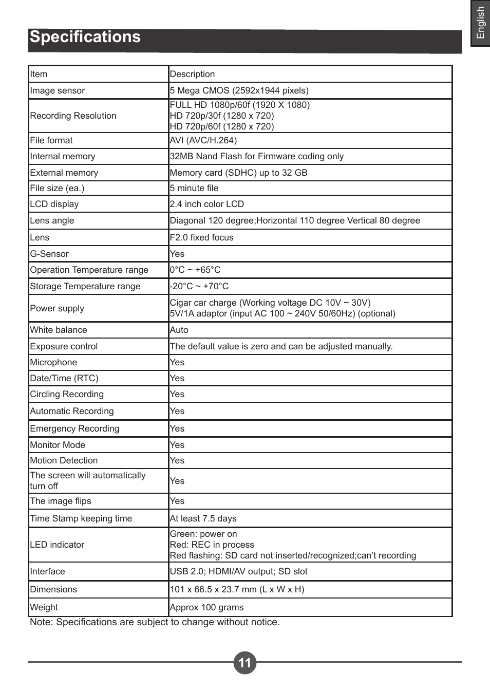 Specifications | AIPTEK Car Camcorder X3 User Manual | Page 15 / 47