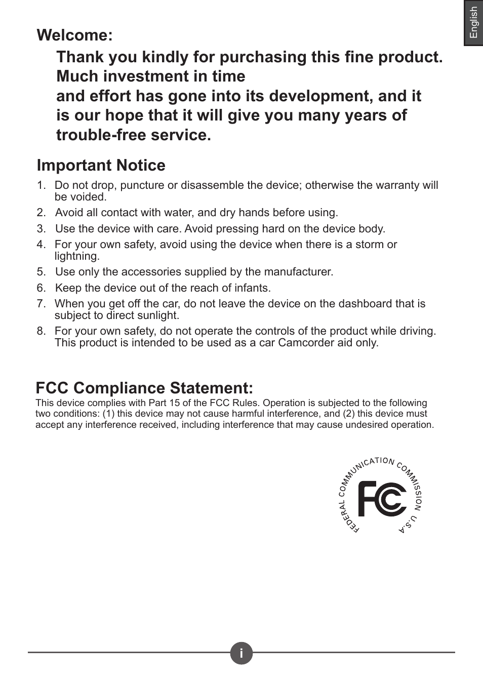 Fcc compliance statement | AIPTEK Car Camcorder X3 User Manual | Page 2 / 47