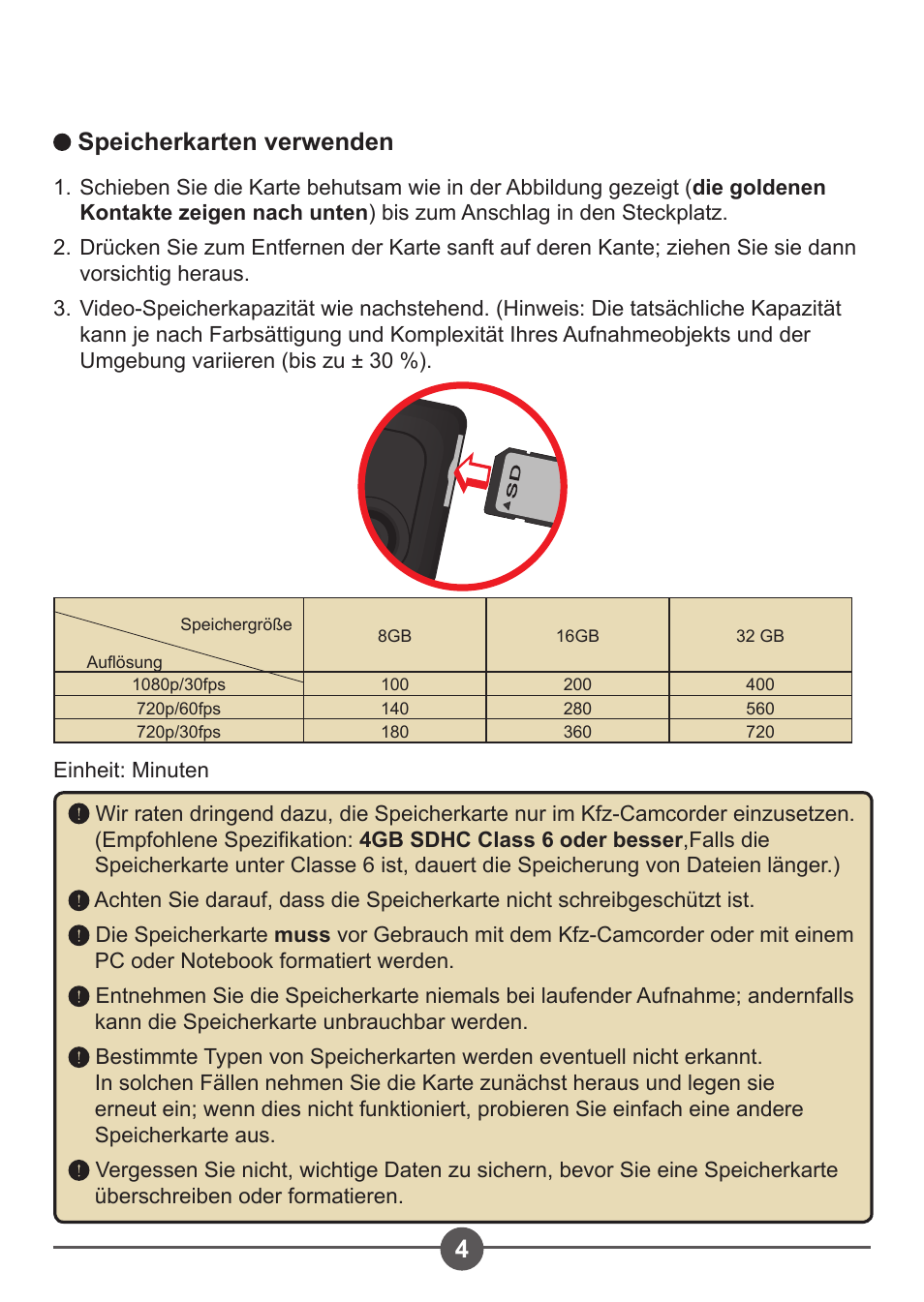 4speicherkarten verwenden | AIPTEK Car Camcorder X3 User Manual | Page 23 / 47