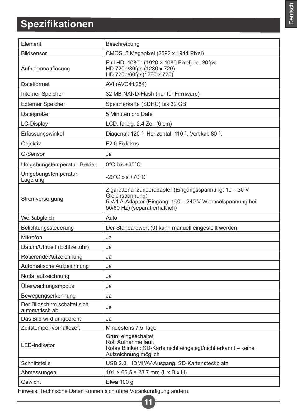 Spezifikationen | AIPTEK Car Camcorder X3 User Manual | Page 30 / 47