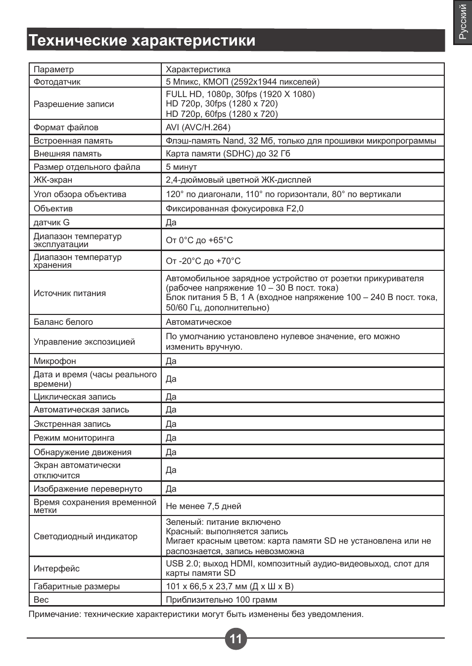 Технические характеристики | AIPTEK Car Camcorder X3 User Manual | Page 45 / 47