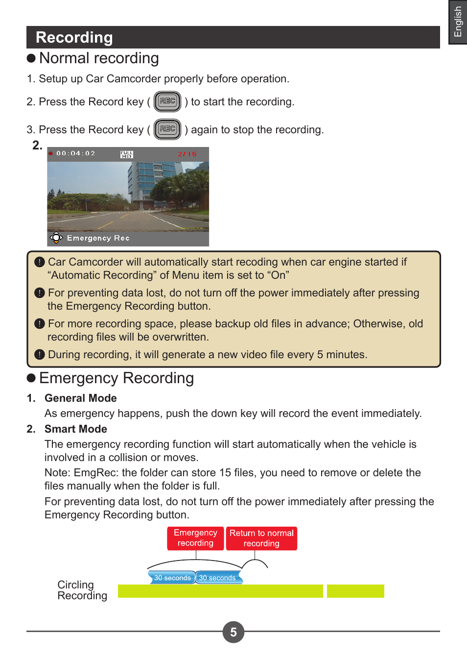 Recording, Emergency recording, Normal recording | AIPTEK Car Camcorder X3 User Manual | Page 9 / 47