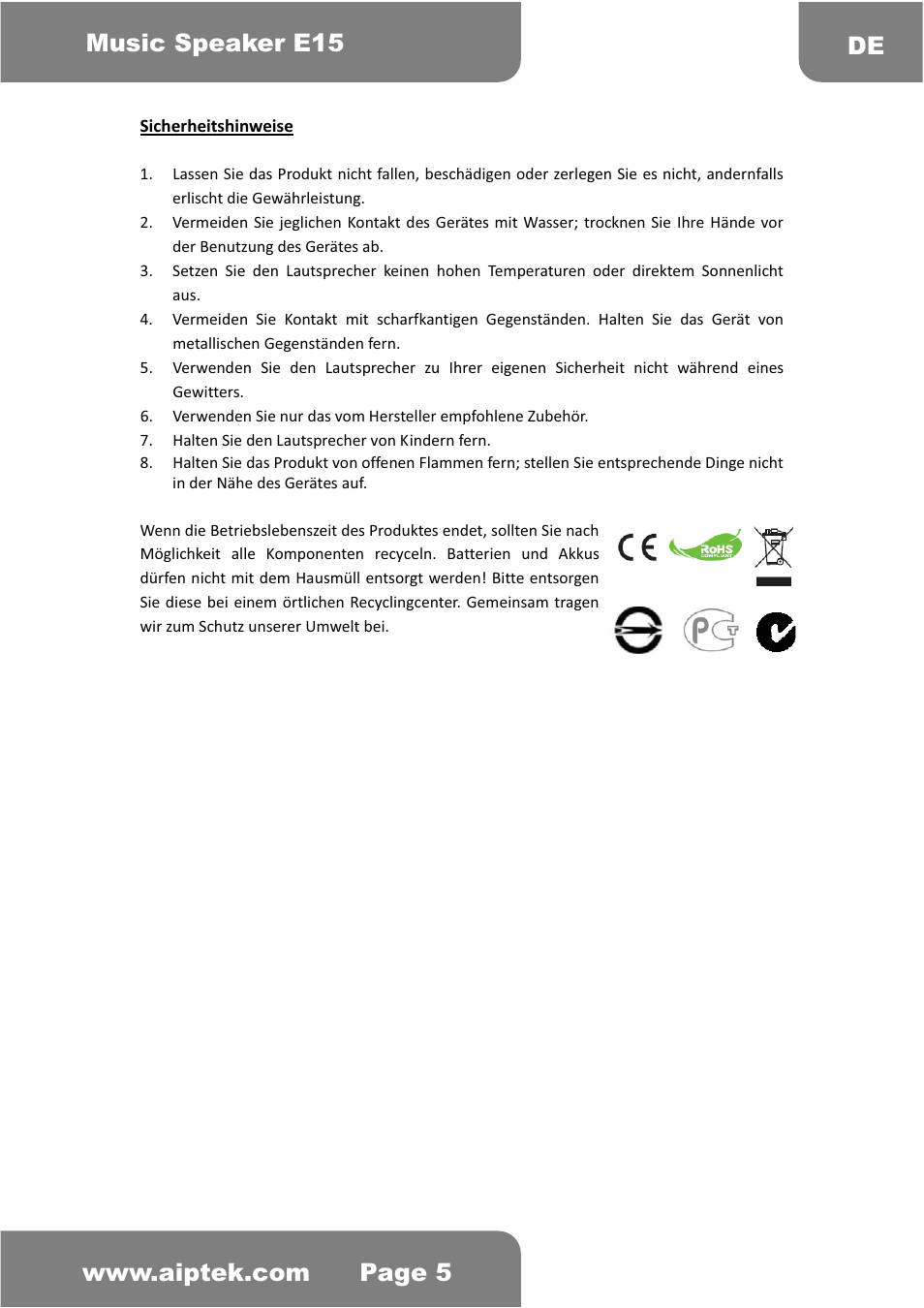 AIPTEK Music Speaker E15 User Manual | Page 10 / 25