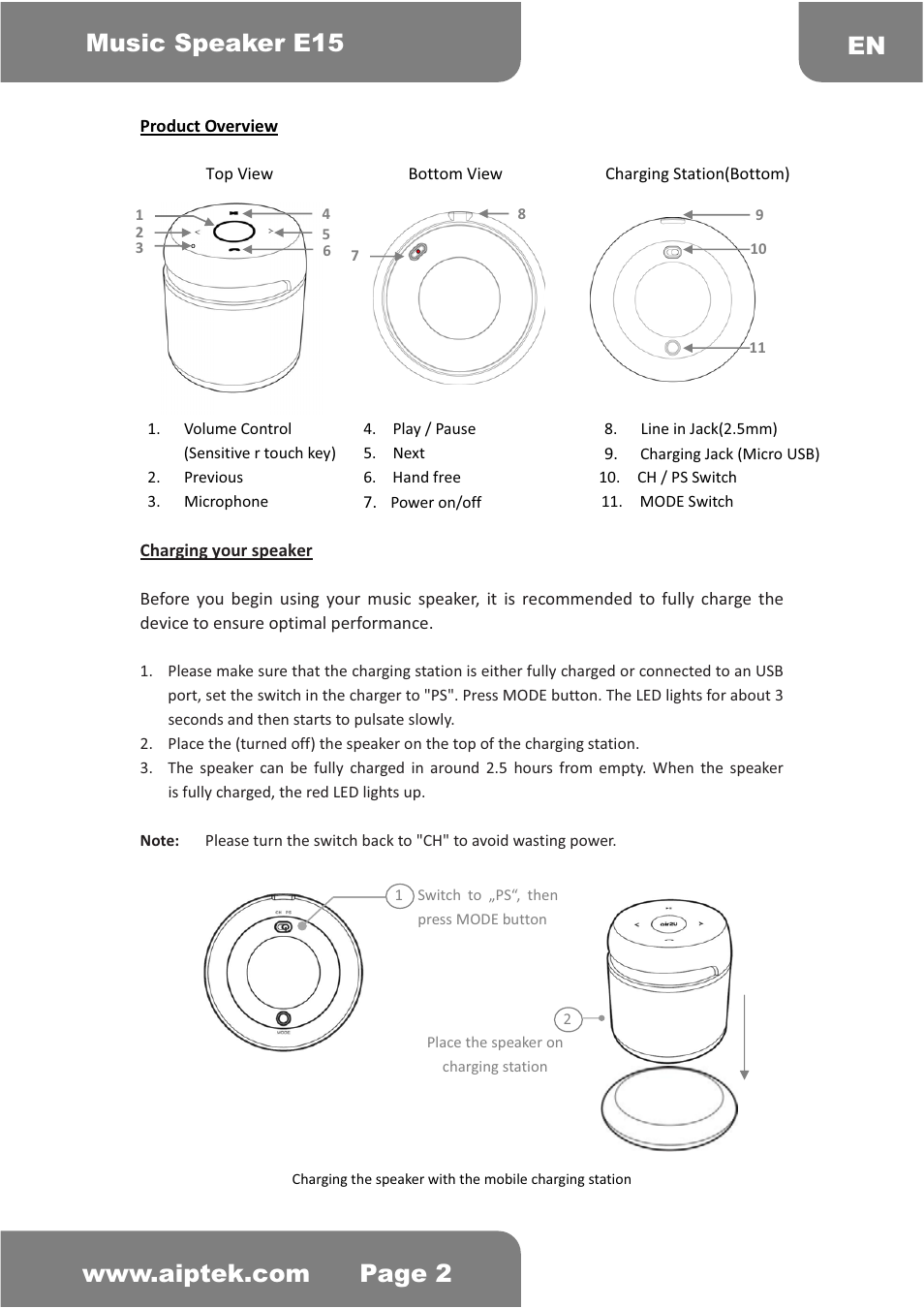 AIPTEK Music Speaker E15 User Manual | Page 2 / 25