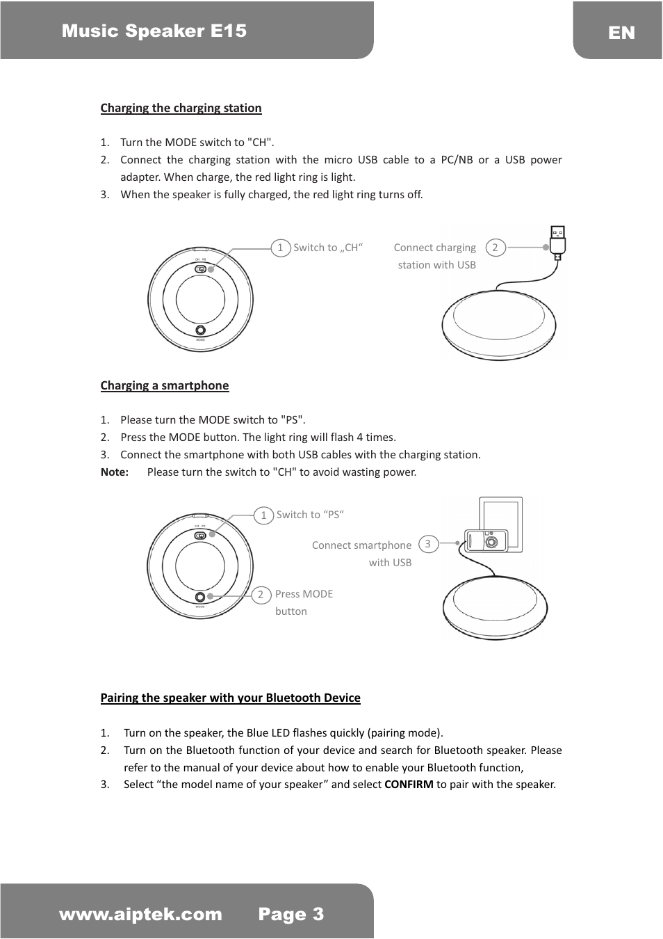 AIPTEK Music Speaker E15 User Manual | Page 3 / 25