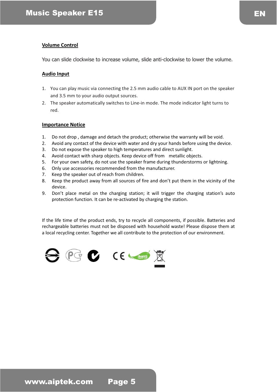 AIPTEK Music Speaker E15 User Manual | Page 5 / 25
