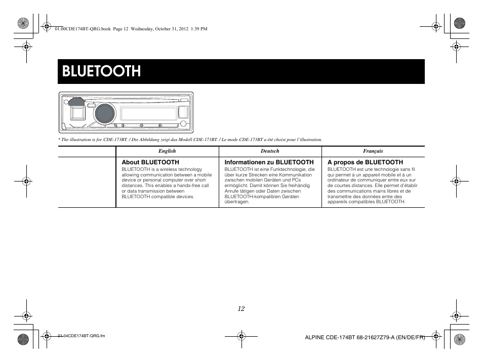 Bluetooth | Alpine CDE-173BT User Manual | Page 14 / 96