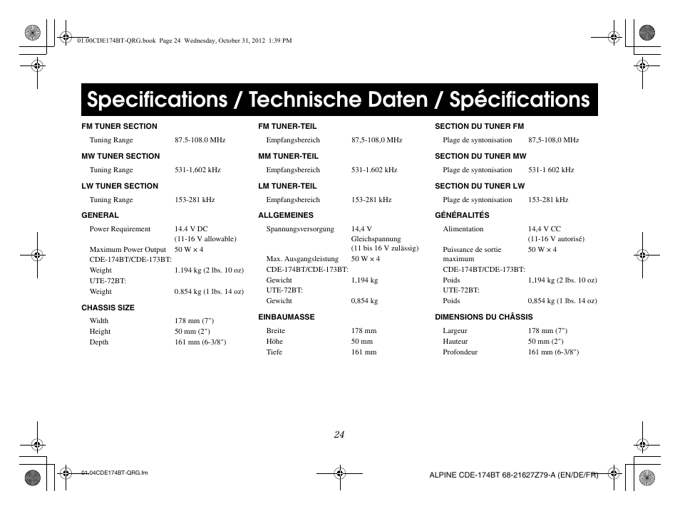 Specifications / technische daten / spécifications | Alpine CDE-173BT User Manual | Page 26 / 96