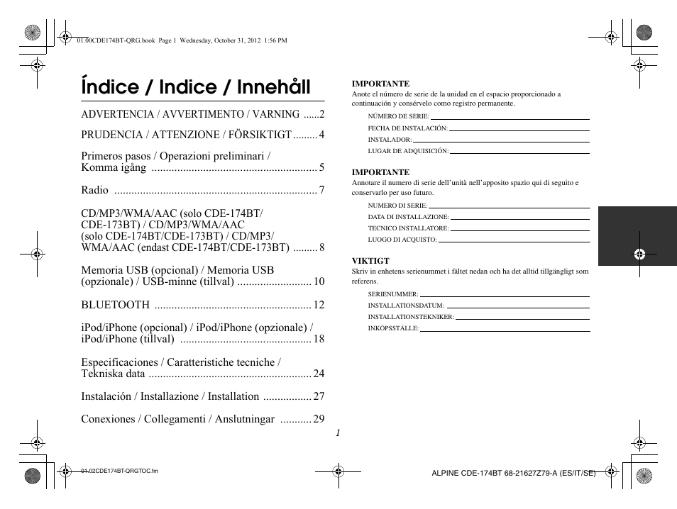 Índice / indice / innehåll | Alpine CDE-173BT User Manual | Page 33 / 96