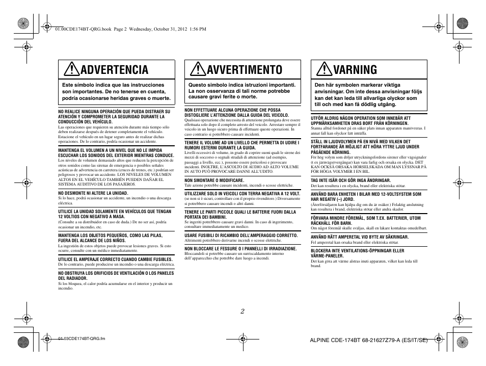 Advertencia, Avvertimento, Varning | Alpine CDE-173BT User Manual | Page 34 / 96