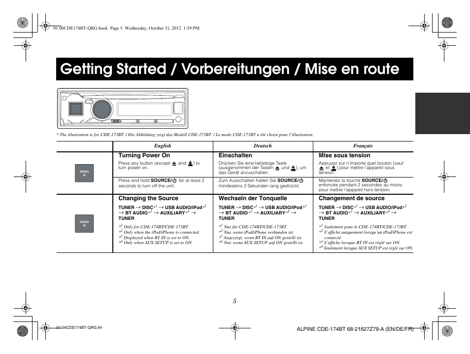 Getting started / vorbereitungen / mise en route | Alpine CDE-173BT User Manual | Page 7 / 96