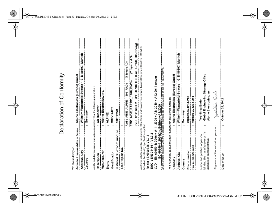 Declaration of conformity | Alpine CDE-173BT User Manual | Page 92 / 96