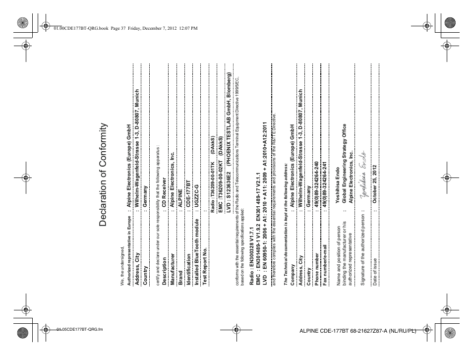 Declaration of conformity | Alpine CDE-177BT User Manual | Page 107 / 108