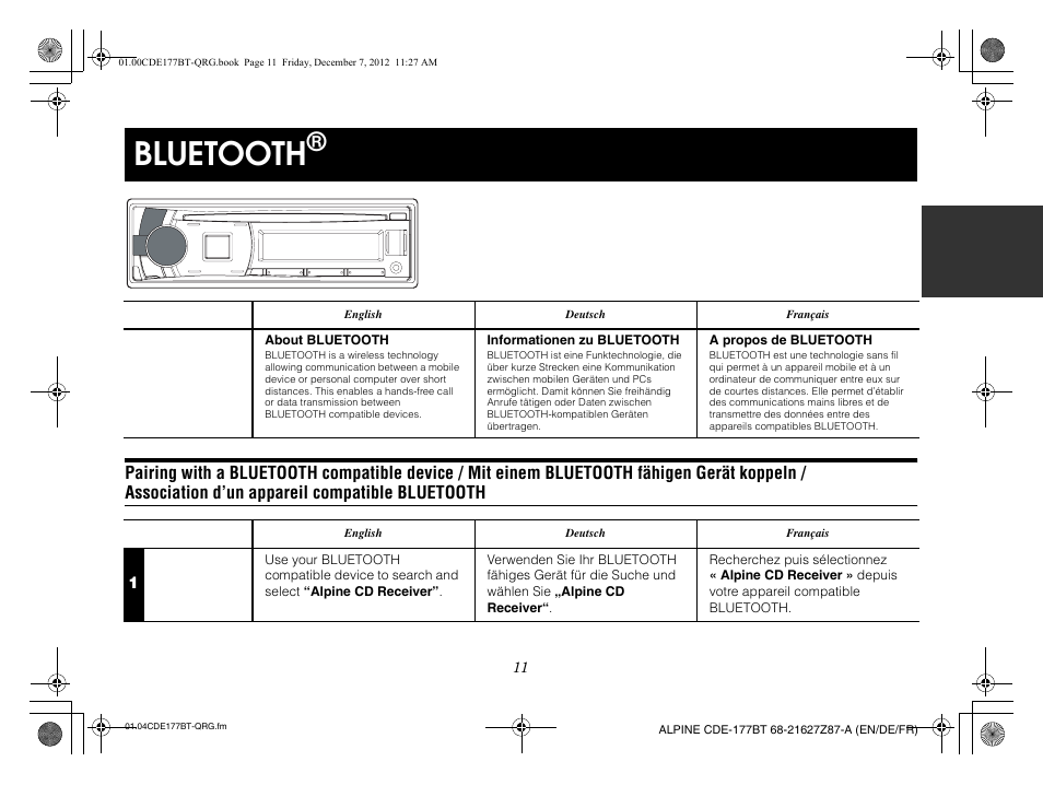 Bluetooth | Alpine CDE-177BT User Manual | Page 13 / 108