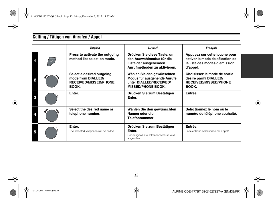 Calling / tätigen von anrufen / appel | Alpine CDE-177BT User Manual | Page 15 / 108