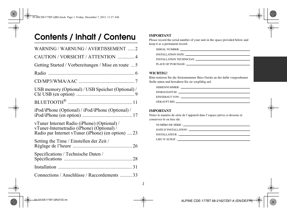 Contents / inhalt / contenu | Alpine CDE-177BT User Manual | Page 3 / 108