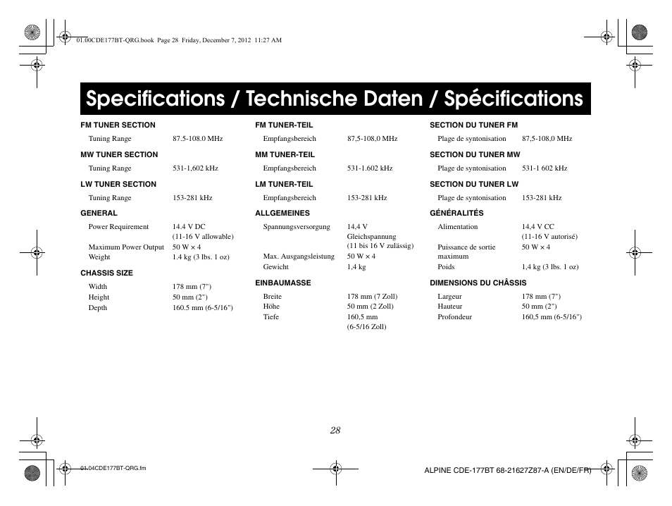 Specifications / technische daten / spécifications | Alpine CDE-177BT User Manual | Page 30 / 108
