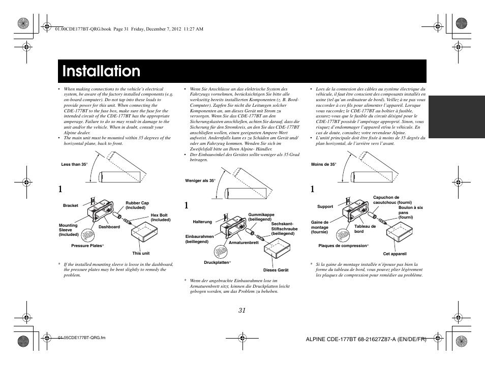 Installation | Alpine CDE-177BT User Manual | Page 33 / 108