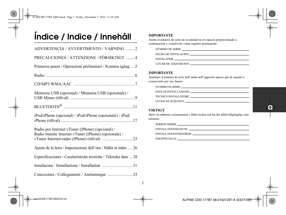 Índice / indice / innehåll | Alpine CDE-177BT User Manual | Page 37 / 108