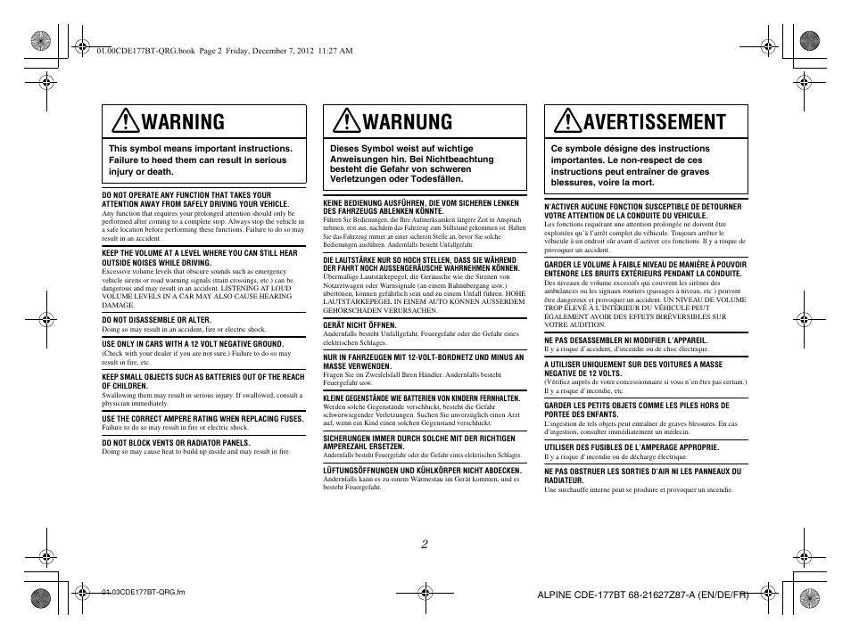 Warning, Warnung, Avertissement | Alpine CDE-177BT User Manual | Page 4 / 108