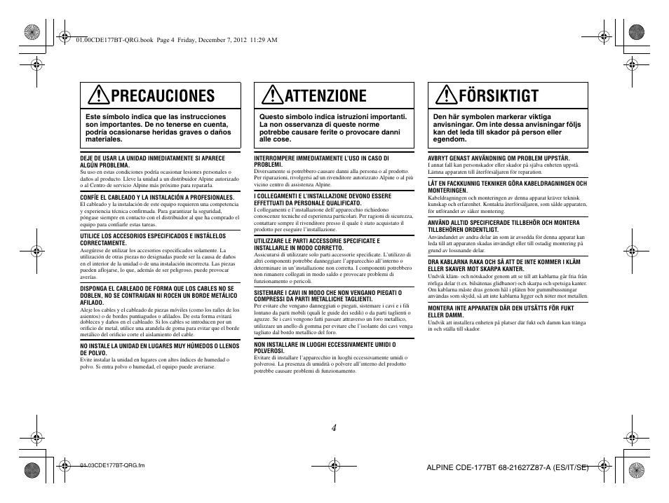 Precauciones, Attenzione, Försiktigt | Alpine CDE-177BT User Manual | Page 40 / 108