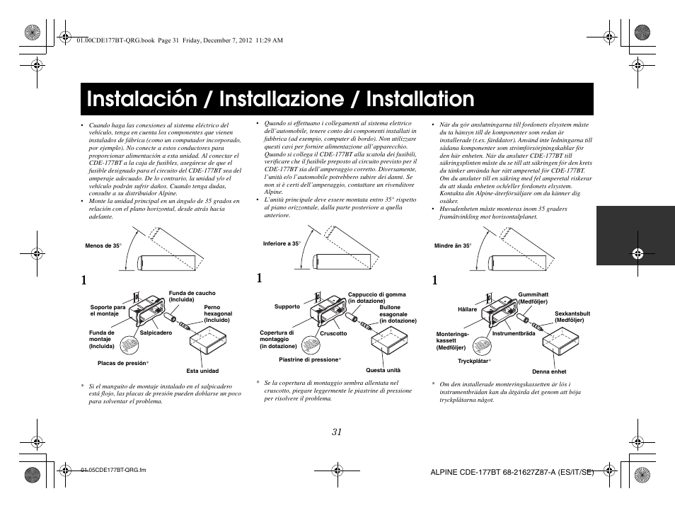 Instalación / installazione / installation | Alpine CDE-177BT User Manual | Page 67 / 108