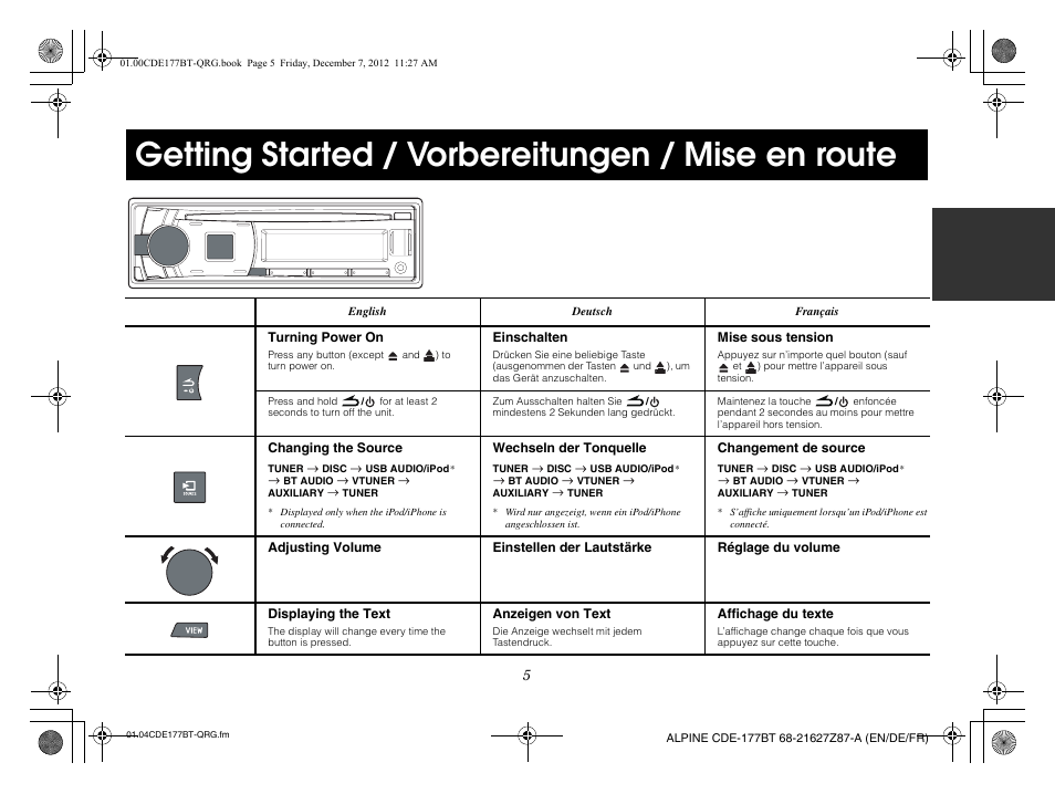 Getting started / vorbereitungen / mise en route | Alpine CDE-177BT User Manual | Page 7 / 108