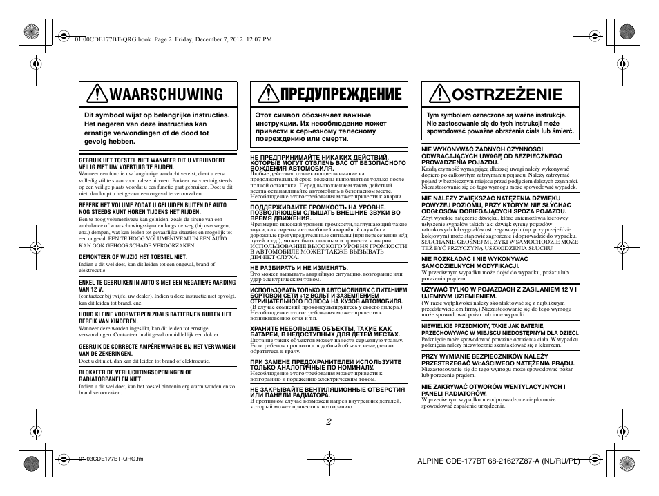 Waarschuwing, Предупреждение, Ostrzeżenie | Alpine CDE-177BT User Manual | Page 72 / 108