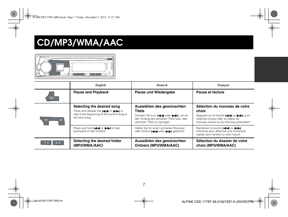 Cd/mp3/wma/aac | Alpine CDE-177BT User Manual | Page 9 / 108