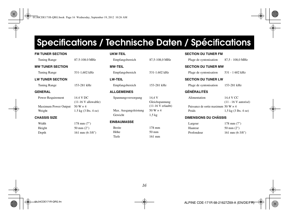 Specifications / technische daten / spécifications | Alpine CDE-170R_CDE-170RM_CDE-170RR User Manual | Page 18 / 68