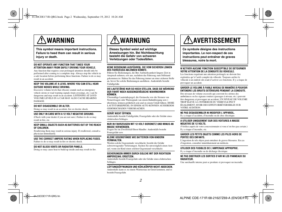 Warning, Warnung, Avertissement | Alpine CDE-170R_CDE-170RM_CDE-170RR User Manual | Page 4 / 68