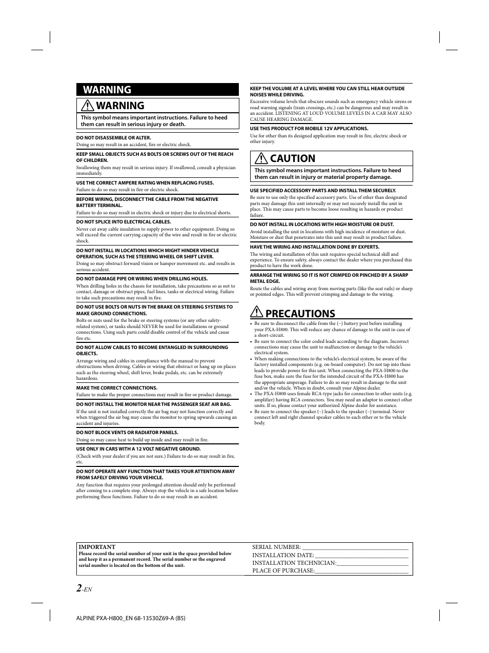 Warning, Caution, Precautions | Alpine PXA-H800 User Manual | Page 4 / 21
