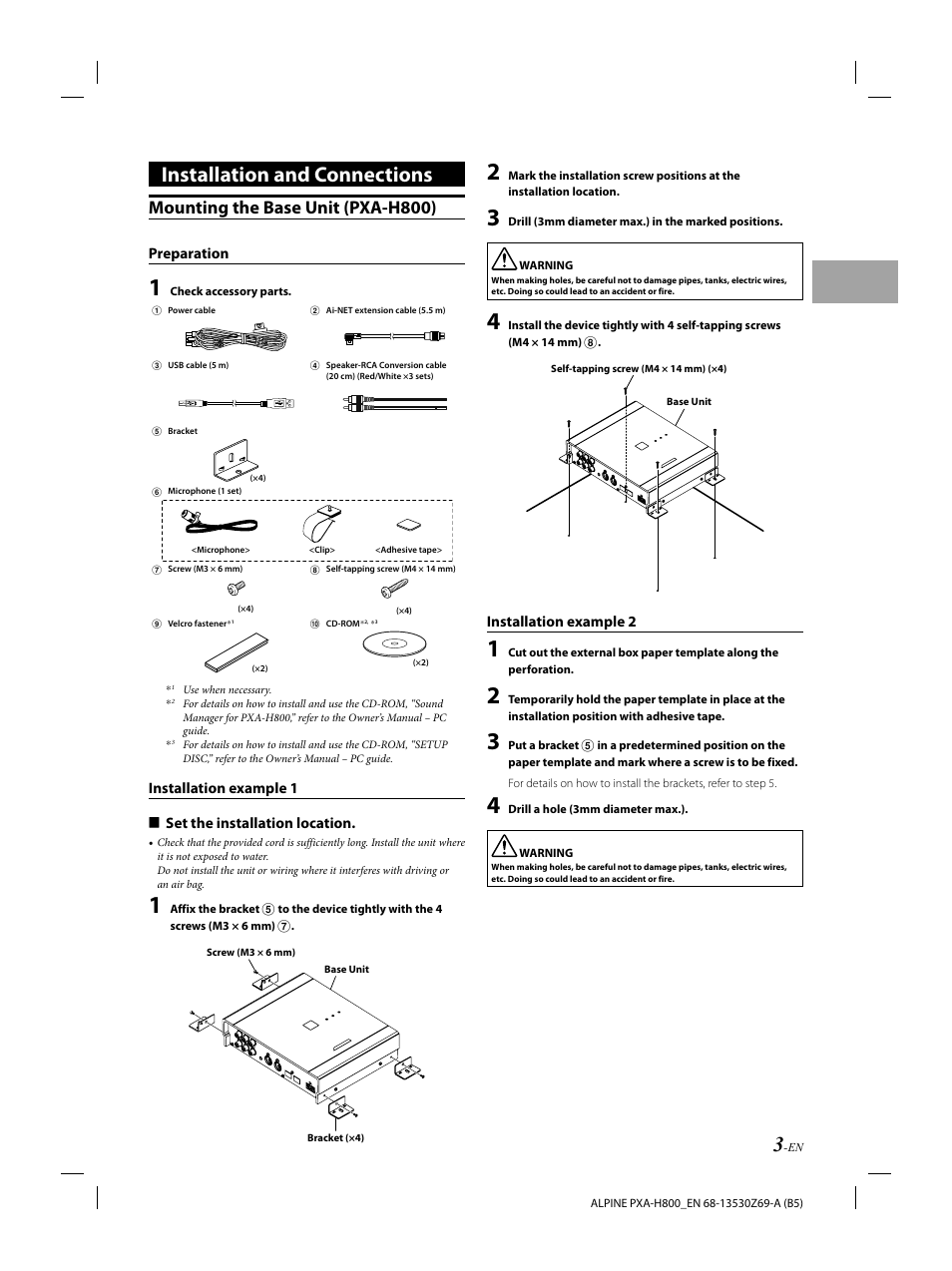 Installation and connections, Mounting the base unit (pxa-h800) | Alpine PXA-H800 User Manual | Page 5 / 21