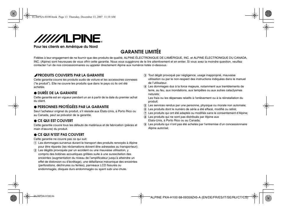 Garantie limitée | Alpine PXA-H100 User Manual | Page 15 / 46