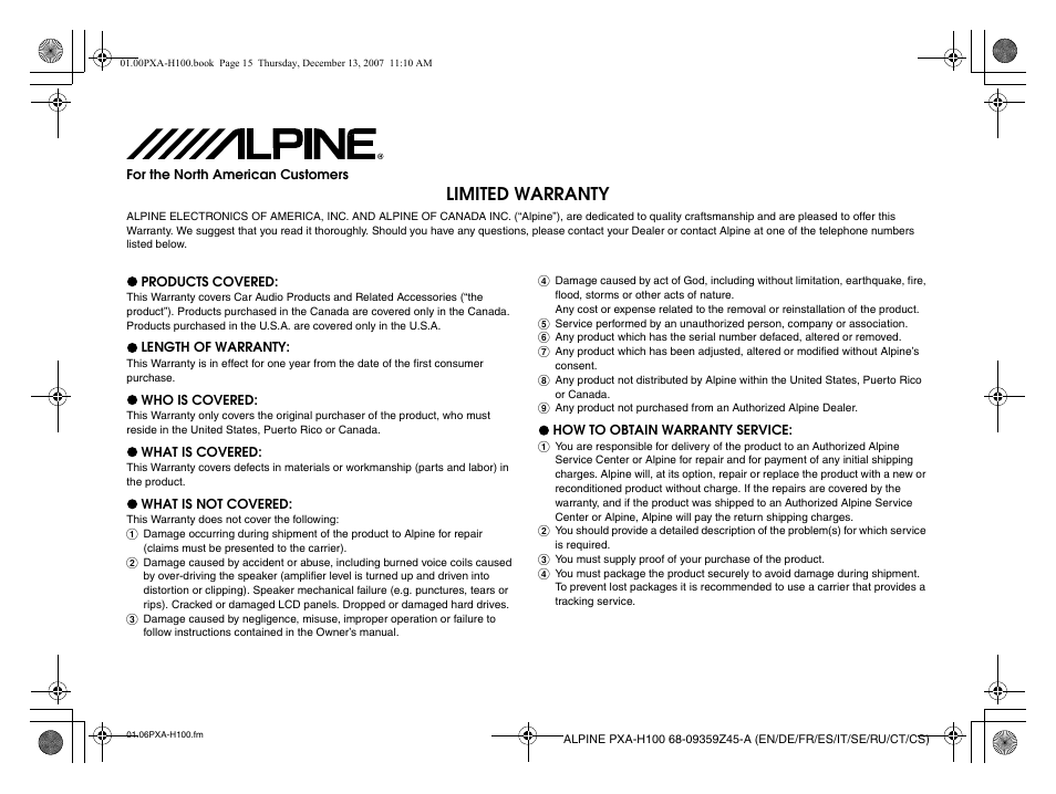 Limited warranty | Alpine PXA-H100 User Manual | Page 17 / 46